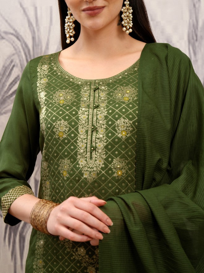 Vishudh Women Green Embroidered Kurta With Trouser And Dupatta - Green - Image 5