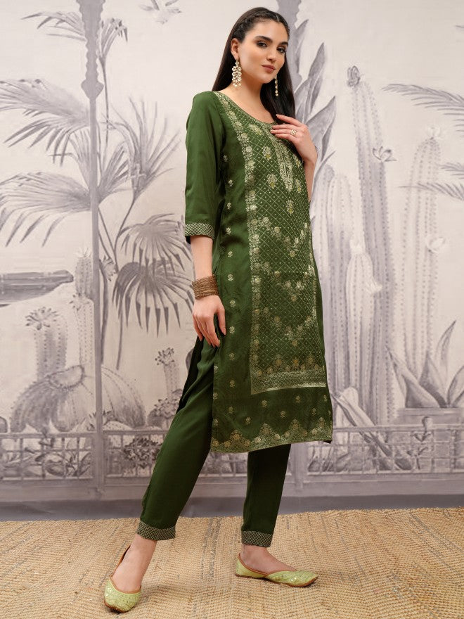 Vishudh Women Green Embroidered Kurta With Trouser And Dupatta - Green - Image 6