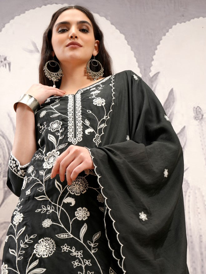 Vishudh Women Black Embroidered Kurta With Trouser And Dupatta - Black - Image 1