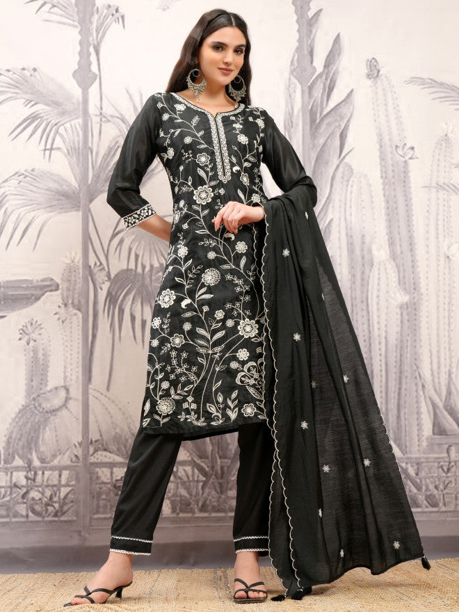 Vishudh Women Black Embroidered Kurta With Trouser And Dupatta - Black - Image 2