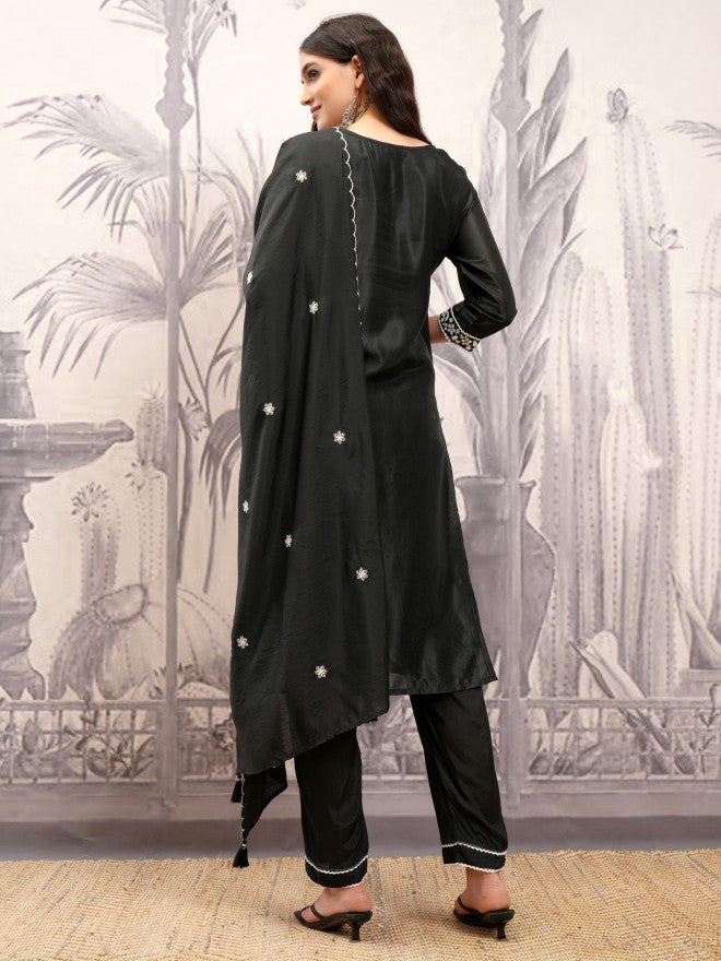 Vishudh Women Black Embroidered Kurta With Trouser And Dupatta - Black - Image 3