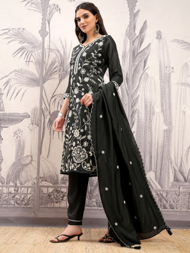 Vishudh Women Black Embroidered Kurta With Trouser And Dupatta - Black - Image 4