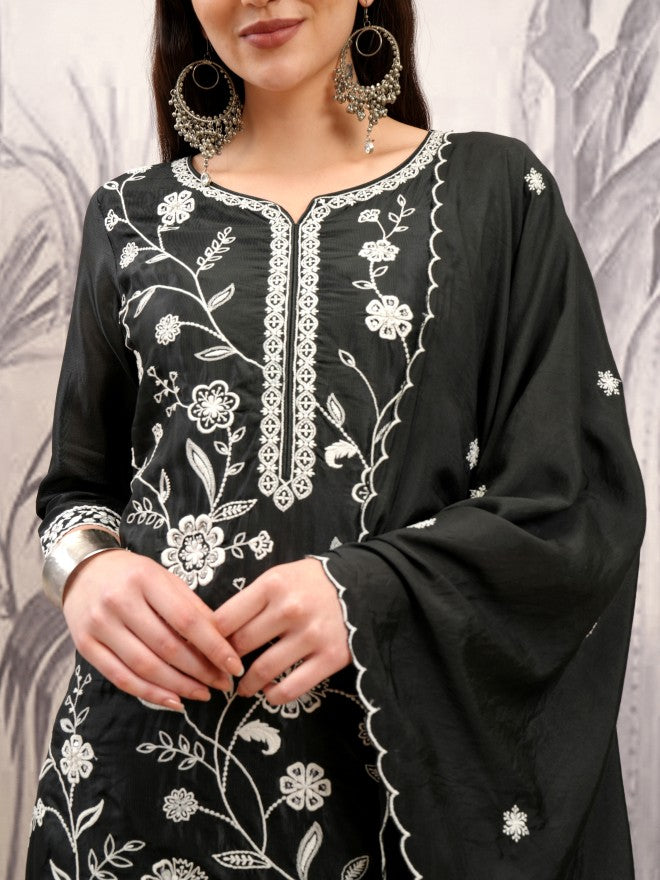 Vishudh Women Black Embroidered Kurta With Trouser And Dupatta - Black - Image 5