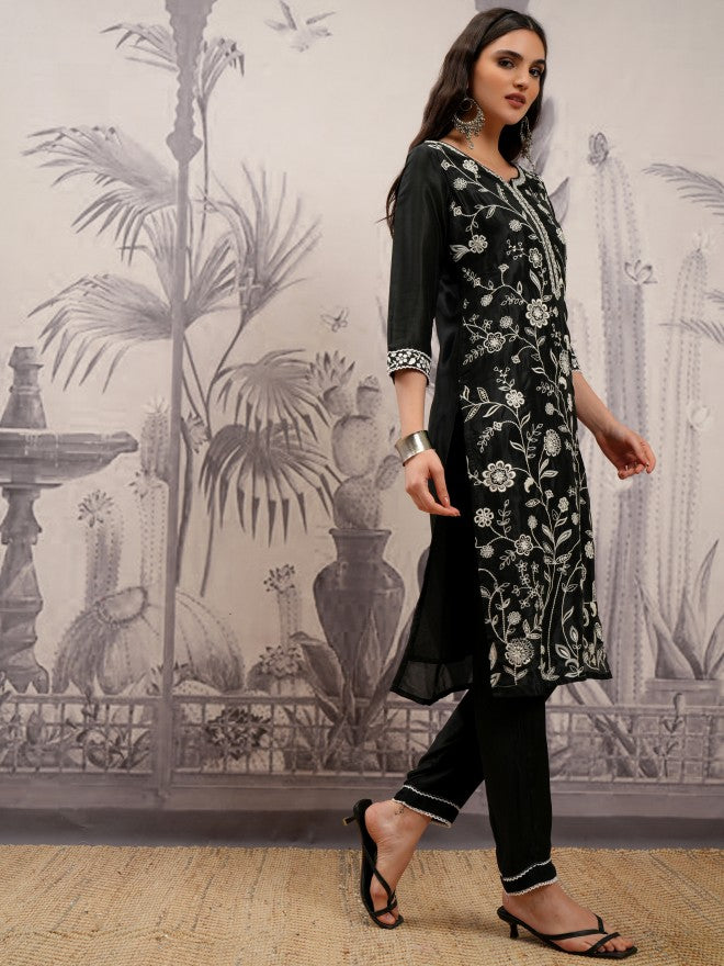 Vishudh Women Black Embroidered Kurta With Trouser And Dupatta - Black - Image 6