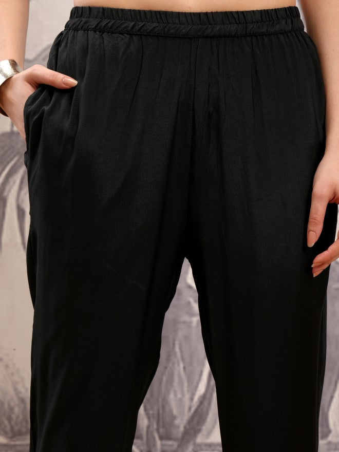 Vishudh Women Black Embroidered Kurta With Trouser And Dupatta - Black - Image 8