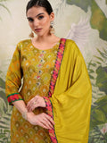 Vishudh Women Mustard Embroidered Kurta With Trouser And Dupatta - Mustard - Image 1