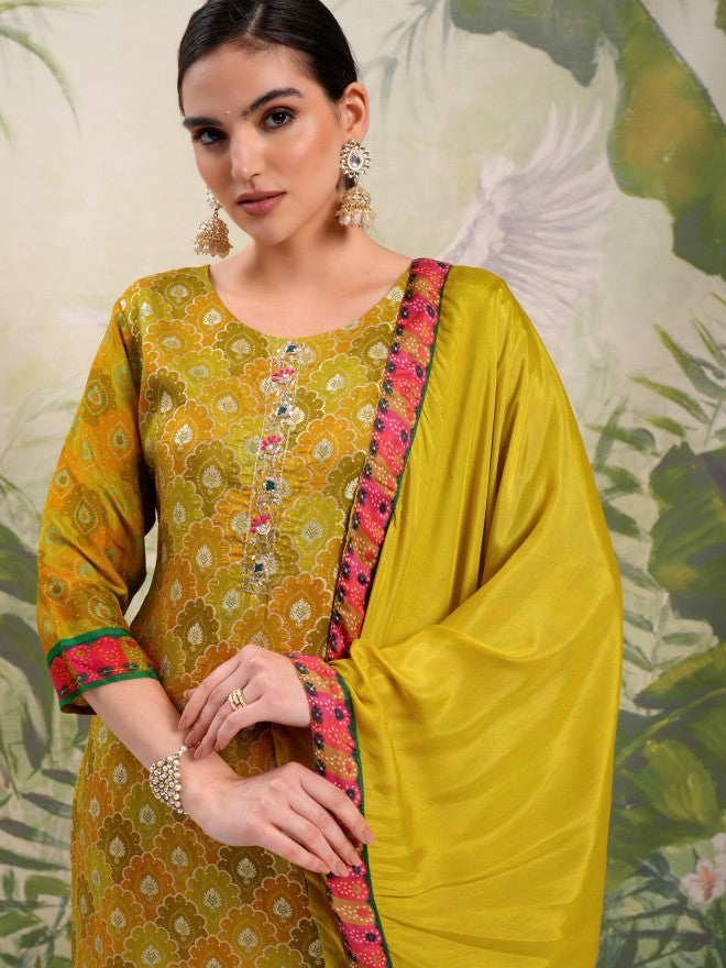 Vishudh Women Mustard Embroidered Kurta With Trouser And Dupatta - Mustard - Image 1