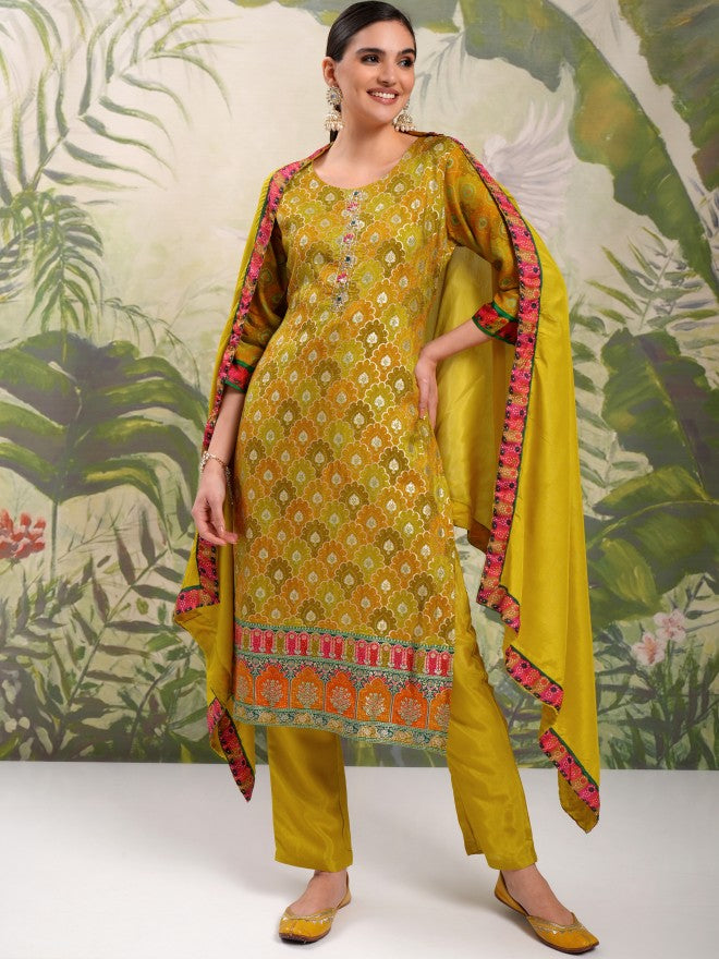 Vishudh Women Mustard Embroidered Kurta With Trouser And Dupatta - Mustard - Image 2