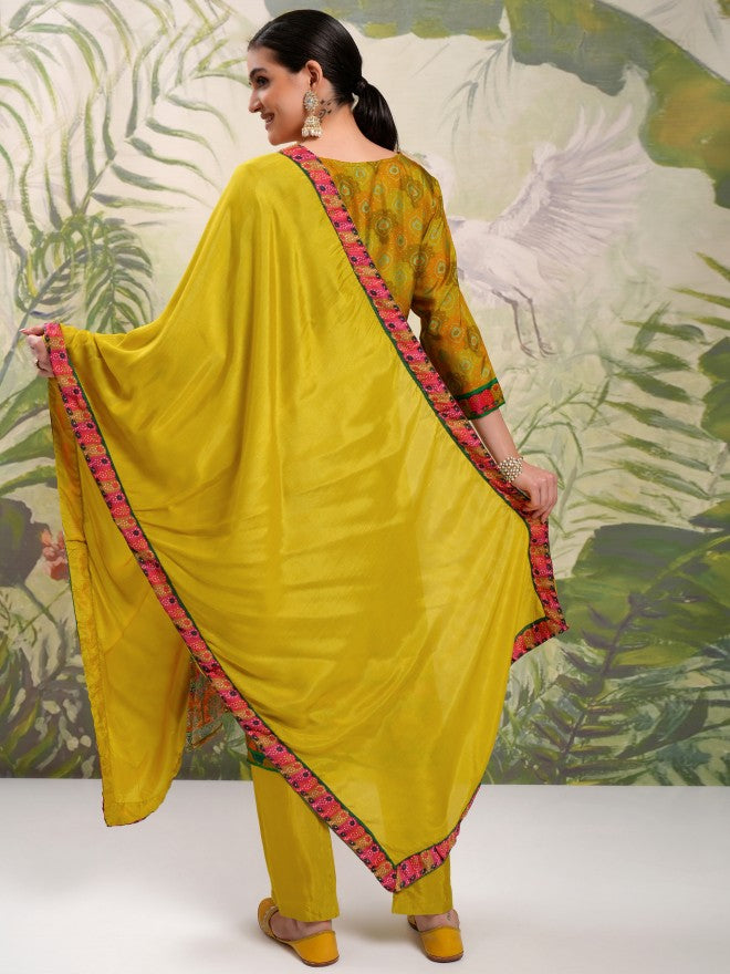 Vishudh Women Mustard Embroidered Kurta With Trouser And Dupatta - Mustard - Image 3