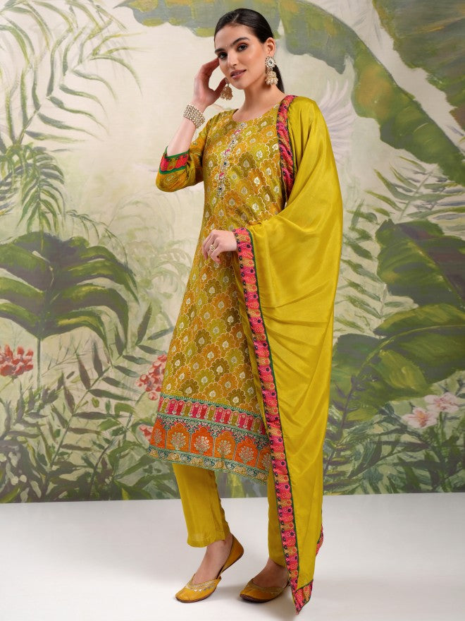 Vishudh Women Mustard Embroidered Kurta With Trouser And Dupatta - Mustard - Image 4