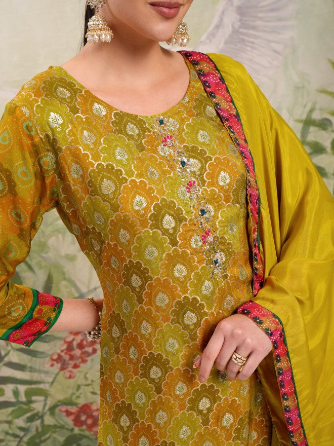 Vishudh Women Mustard Embroidered Kurta With Trouser And Dupatta - Mustard - Image 5