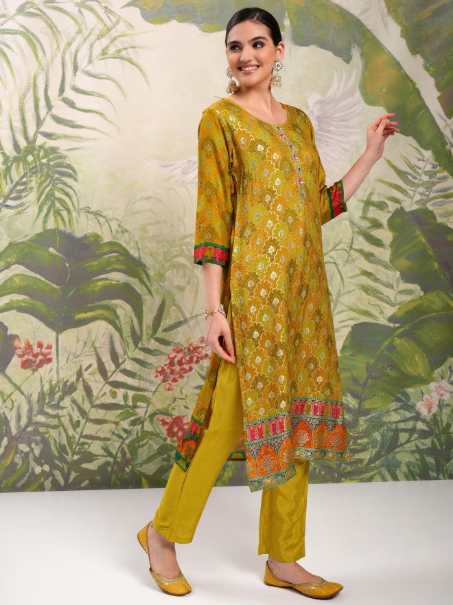 Vishudh Women Mustard Embroidered Kurta With Trouser And Dupatta - Mustard - Image 6