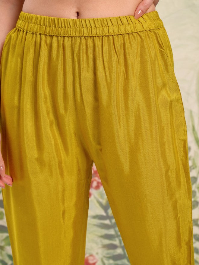 Vishudh Women Mustard Embroidered Kurta With Trouser And Dupatta - Mustard - Image 8