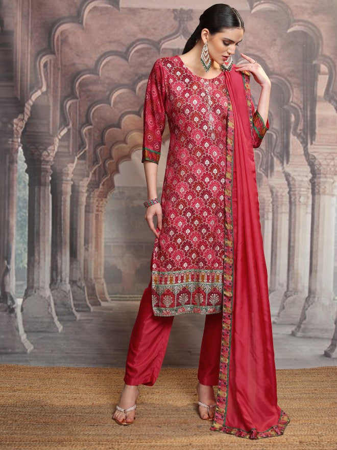 Vishudh Women Red Embroidered Kurta With Trouser And Dupatta - Red - Image 2