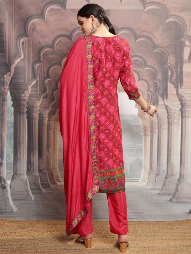 Vishudh Women Red Embroidered Kurta With Trouser And Dupatta - Red - Image 3