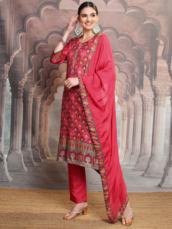Vishudh Women Red Embroidered Kurta With Trouser And Dupatta - Red - Image 4