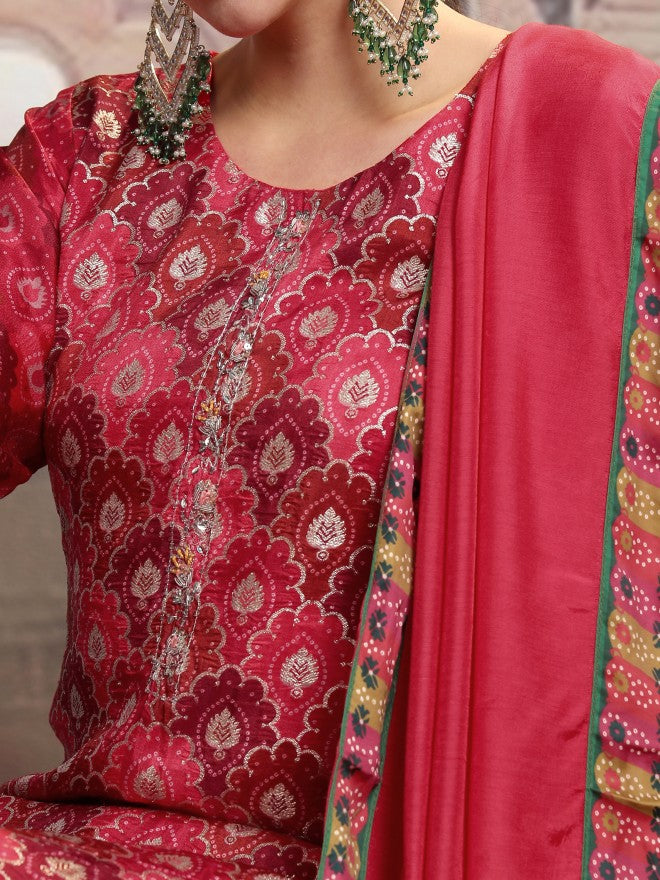 Vishudh Women Red Embroidered Kurta With Trouser And Dupatta - Red - Image 5