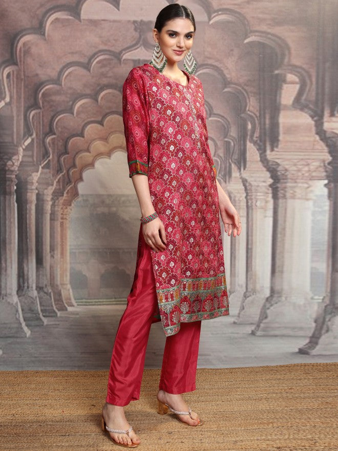 Vishudh Women Red Embroidered Kurta With Trouser And Dupatta - Red - Image 6