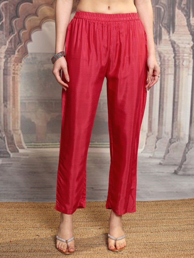 Vishudh Women Red Embroidered Kurta With Trouser And Dupatta - Red - Image 7