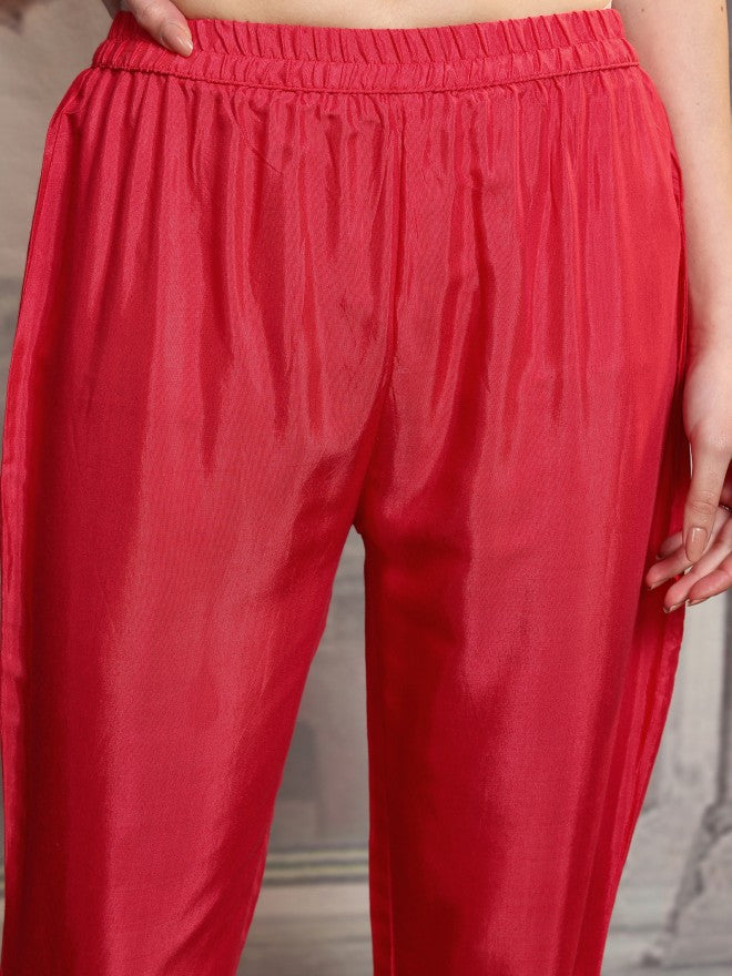 Vishudh Women Red Embroidered Kurta With Trouser And Dupatta - Red - Image 8
