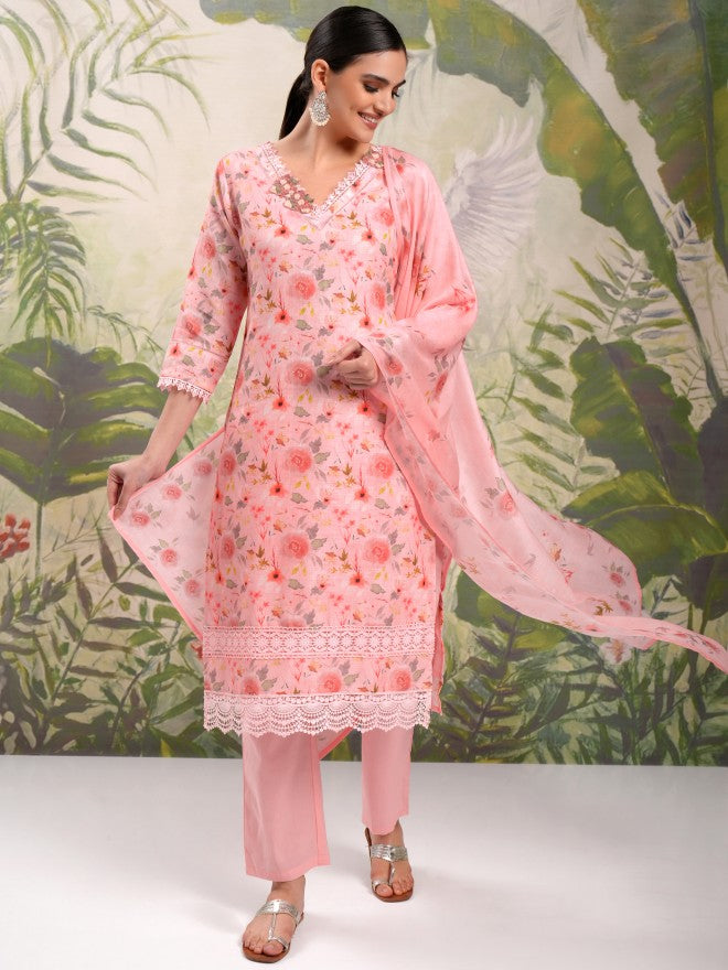 Vishudh Women Pink Printed Kurta With Trouser And Dupatta - Pink - Image 2