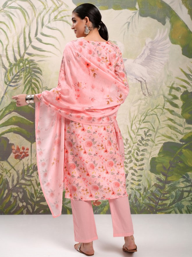 Vishudh Women Pink Printed Kurta With Trouser And Dupatta - Pink - Image 3