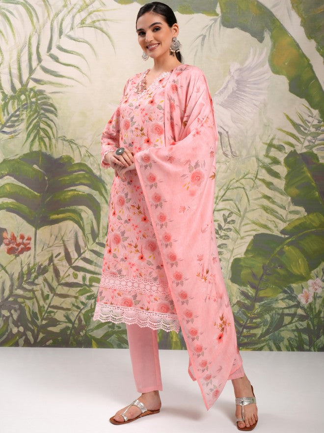 Vishudh Women Pink Printed Kurta With Trouser And Dupatta - Pink - Image 4