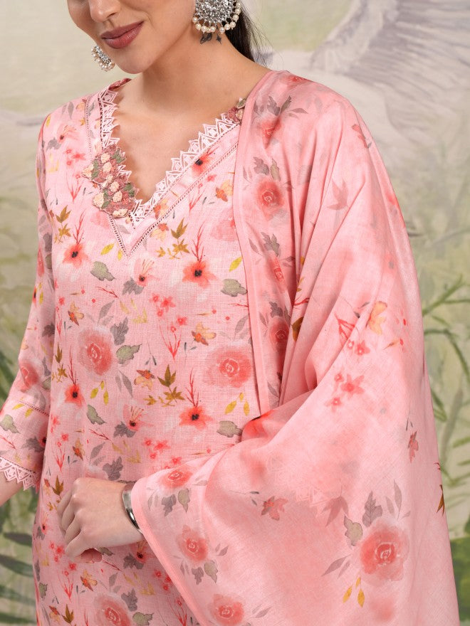 Vishudh Women Pink Printed Kurta With Trouser And Dupatta - Pink - Image 5