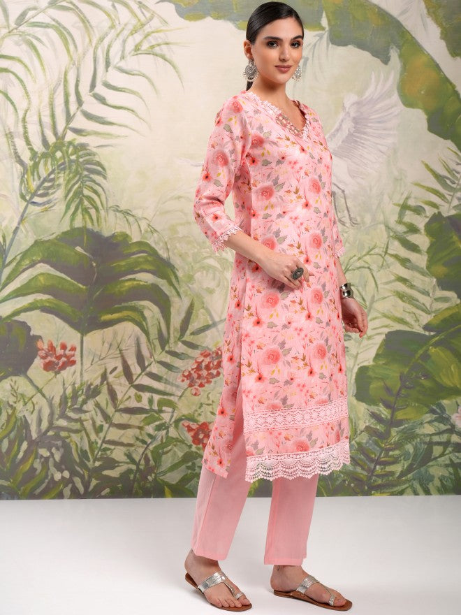 Vishudh Women Pink Printed Kurta With Trouser And Dupatta - Pink - Image 6