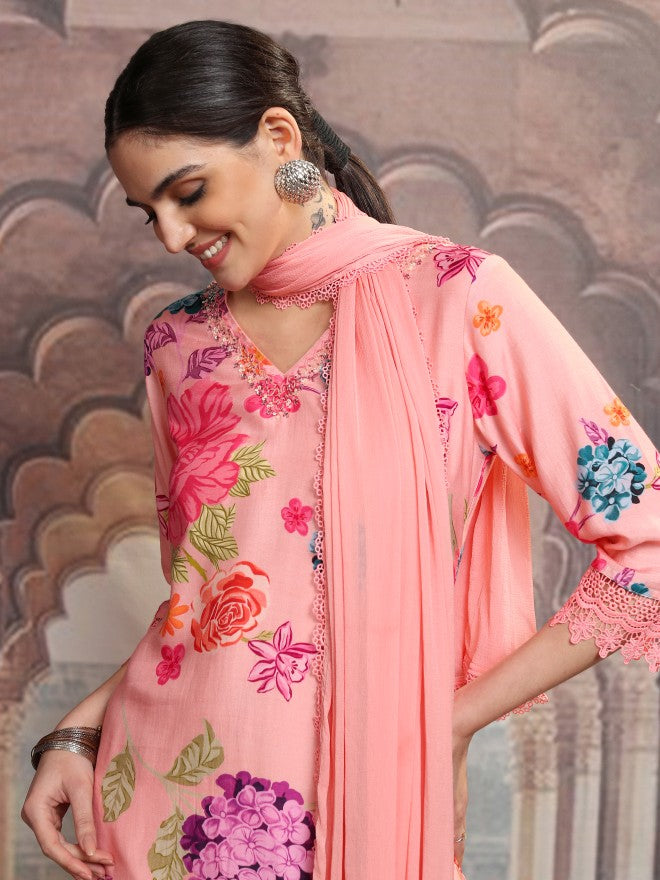 Vishudh Women Pink Printed Kurta With Trouser And Dupatta - Pink - Image 1