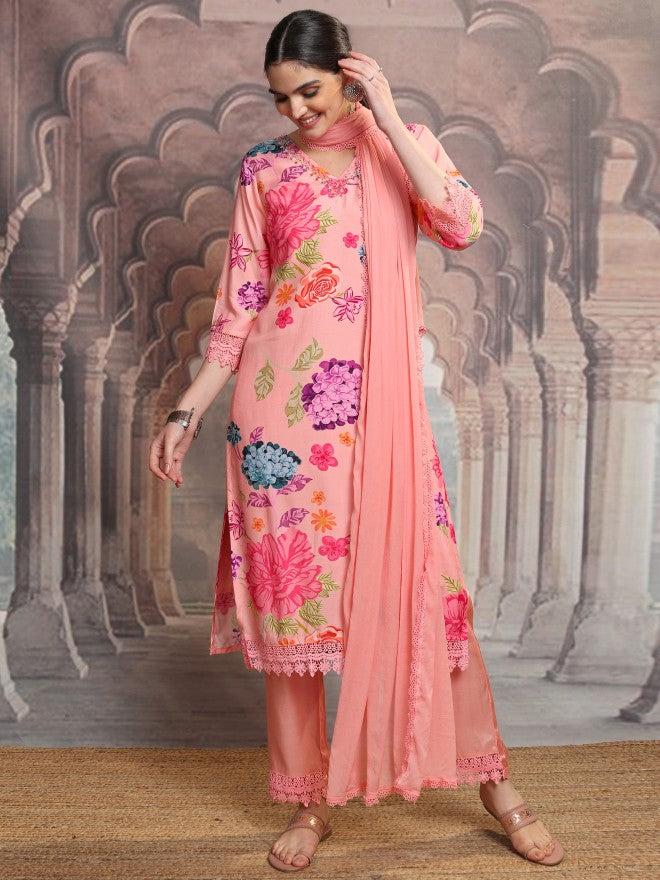 Vishudh Women Pink Printed Kurta With Trouser And Dupatta - Pink - Image 2