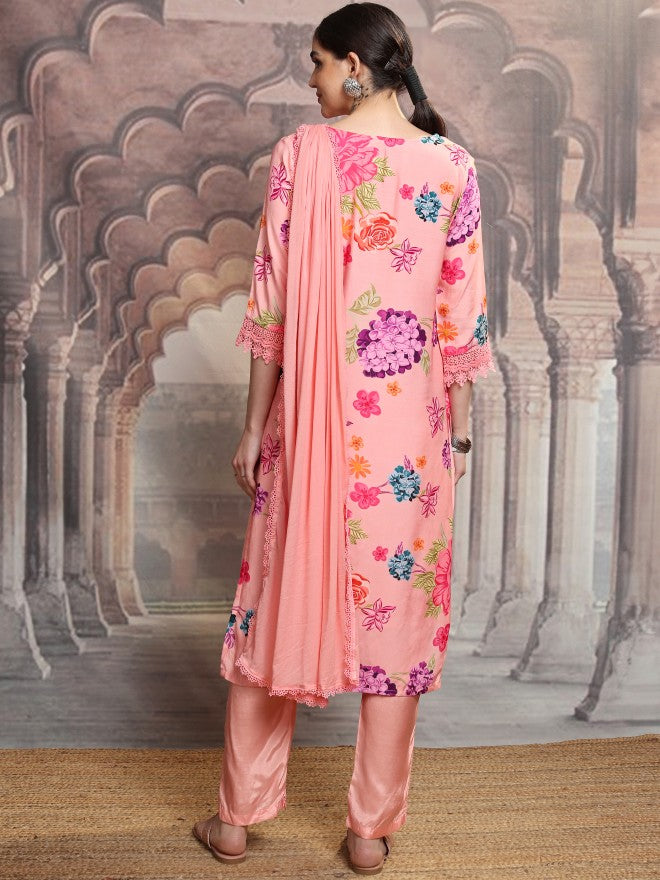 Vishudh Women Pink Printed Kurta With Trouser And Dupatta - Pink - Image 3