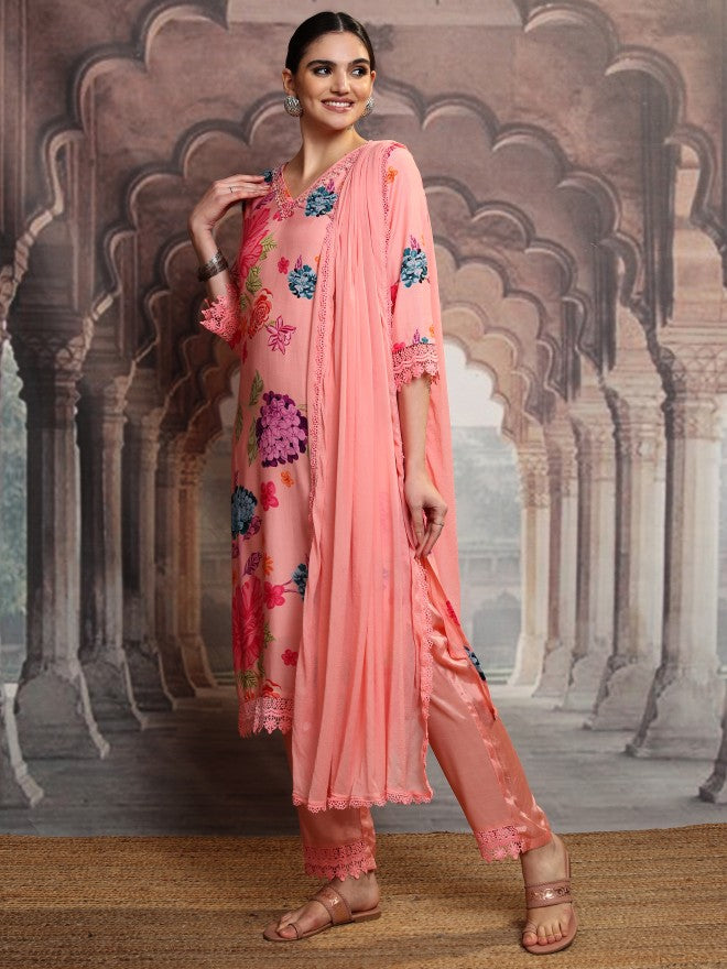Vishudh Women Pink Printed Kurta With Trouser And Dupatta - Pink - Image 4
