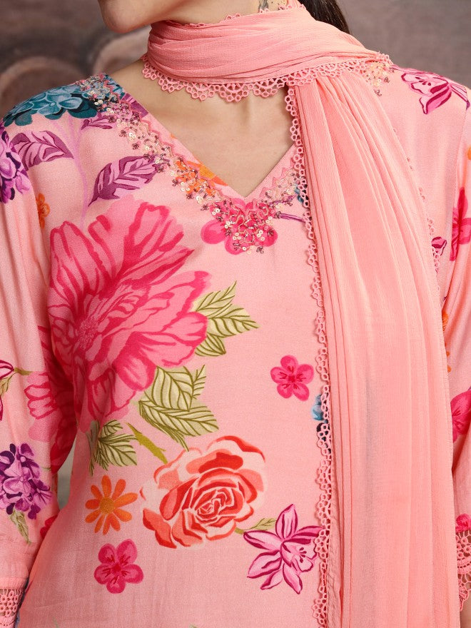 Vishudh Women Pink Printed Kurta With Trouser And Dupatta - Pink - Image 5