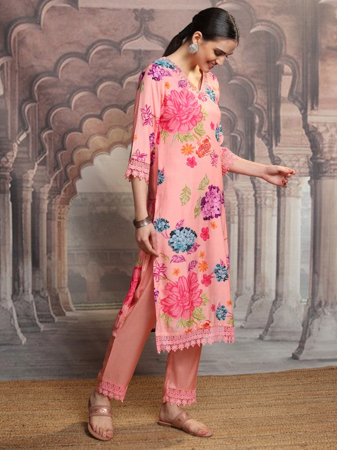 Vishudh Women Pink Printed Kurta With Trouser And Dupatta - Pink - Image 6
