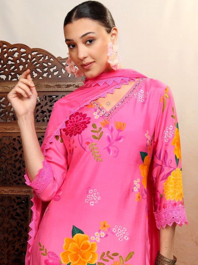 Vishudh Women Pink Printed Kurta With Trouser And Dupatta - Pink - Image 1