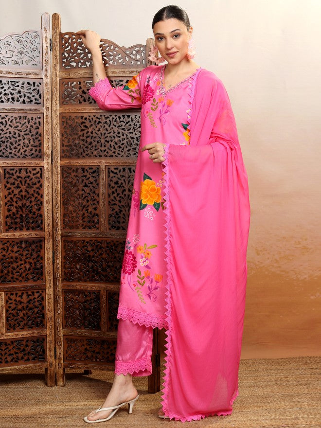 Vishudh Women Pink Printed Kurta With Trouser And Dupatta - Pink - Image 2