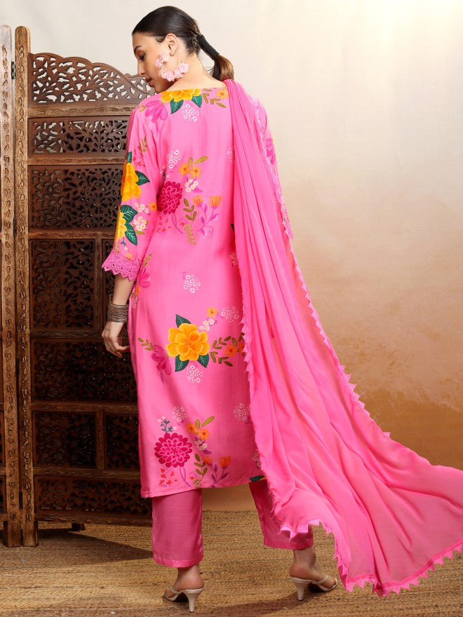 Vishudh Women Pink Printed Kurta With Trouser And Dupatta - Pink - Image 3