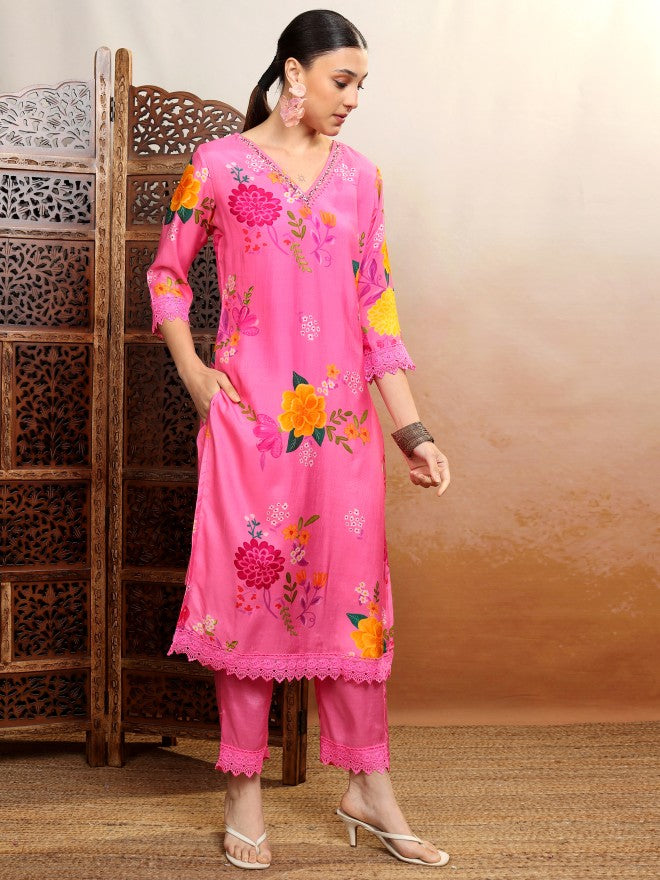 Vishudh Women Pink Printed Kurta With Trouser And Dupatta - Pink - Image 4