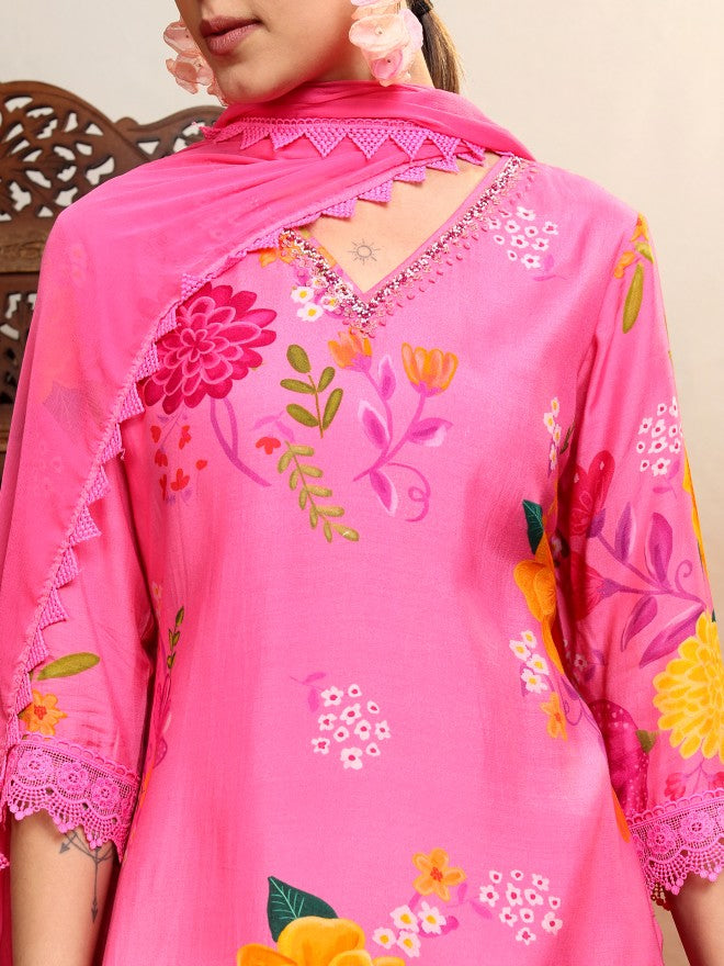 Vishudh Women Pink Printed Kurta With Trouser And Dupatta - Pink - Image 5