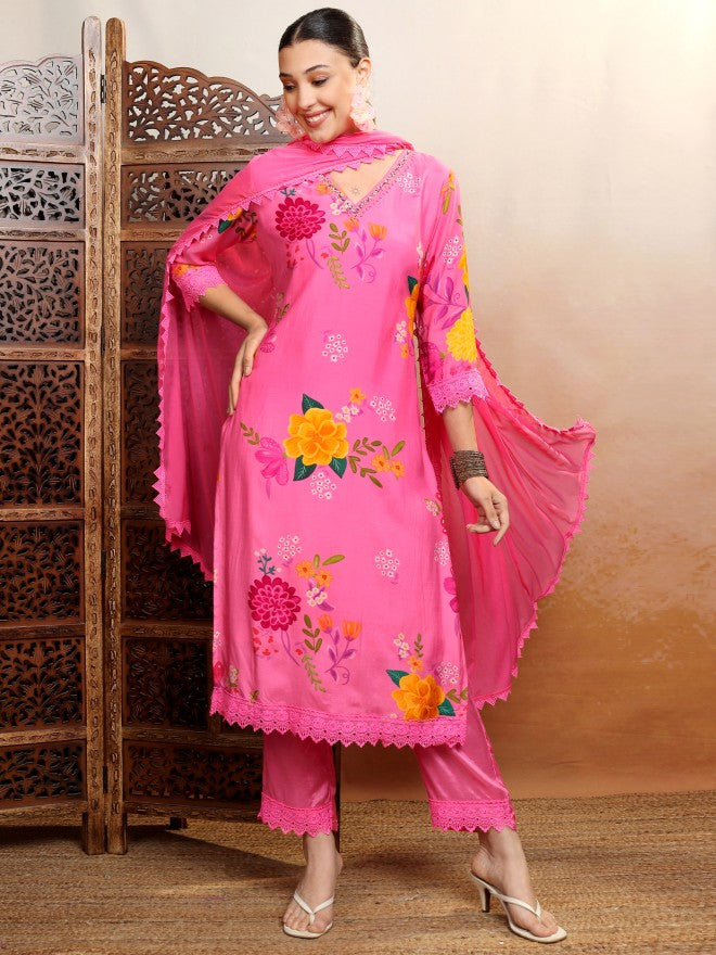 Vishudh Women Pink Printed Kurta With Trouser And Dupatta - Pink - Image 8