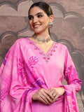 Vishudh Women Pink Embroidered Kurta With Trouser And Dupatta - Pink - Image 1