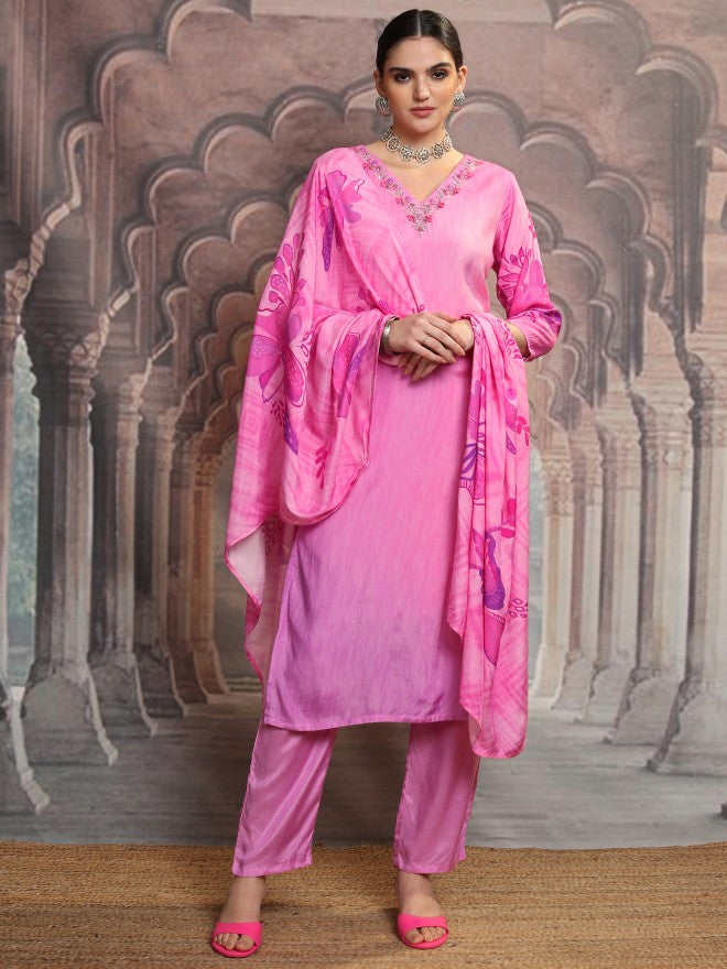 Vishudh Women Pink Embroidered Kurta With Trouser And Dupatta - Pink - Image 2