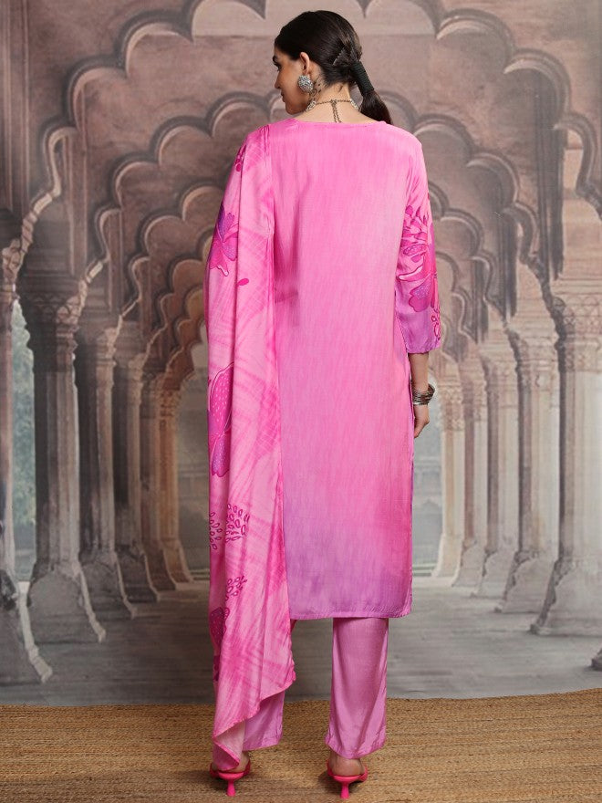 Vishudh Women Pink Embroidered Kurta With Trouser And Dupatta - Pink - Image 3
