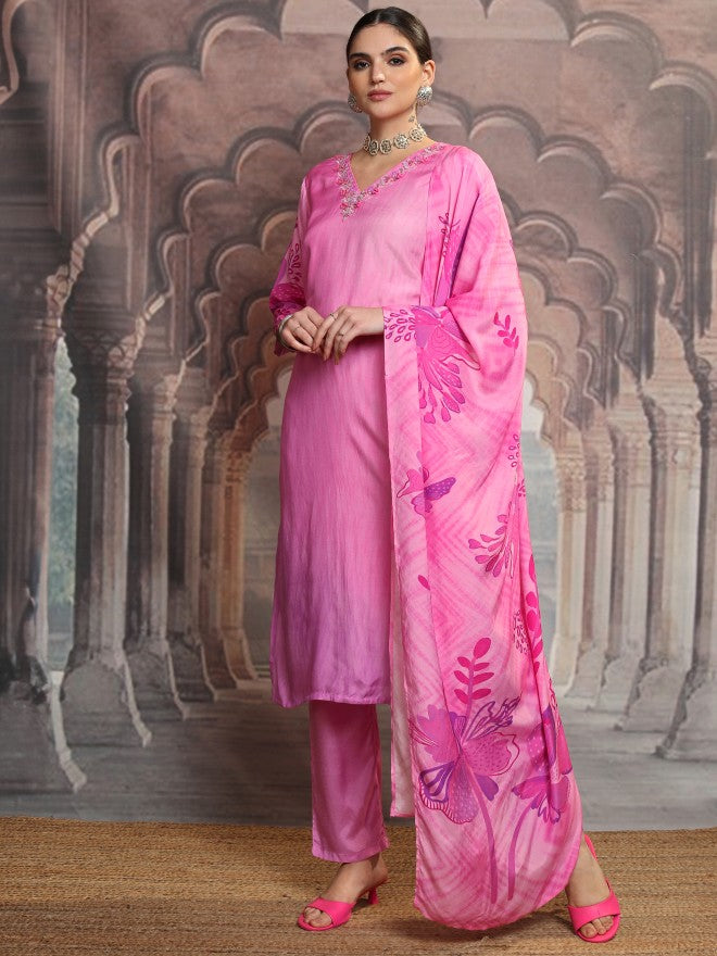 Vishudh Women Pink Embroidered Kurta With Trouser And Dupatta - Pink - Image 4