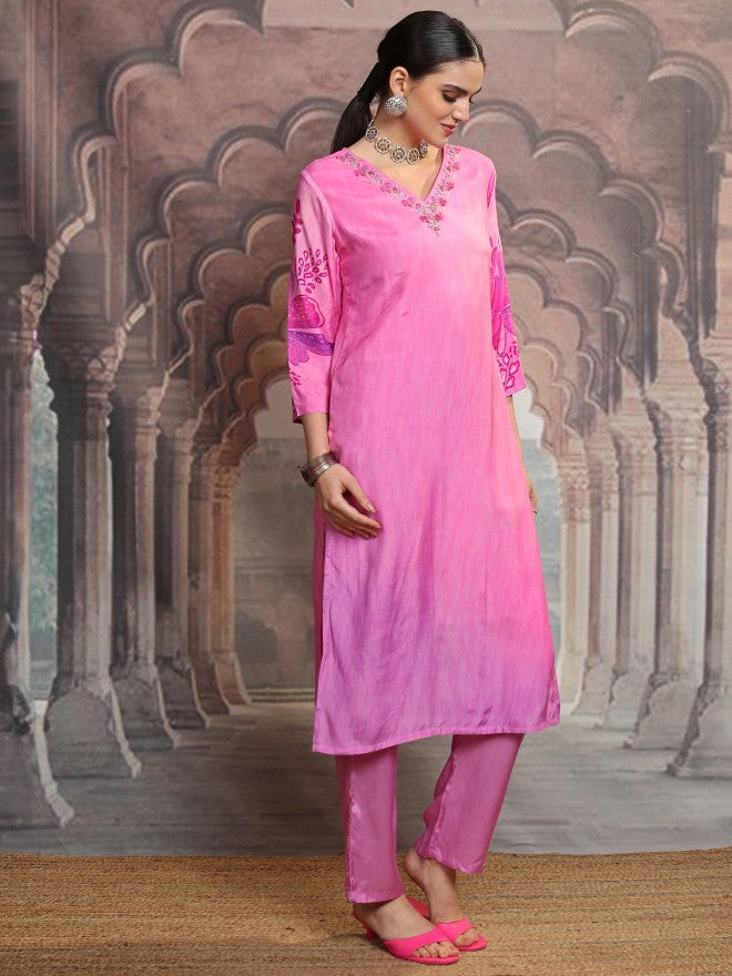 Vishudh Women Pink Embroidered Kurta With Trouser And Dupatta - Pink - Image 6