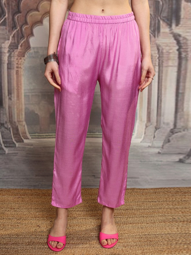 Vishudh Women Pink Embroidered Kurta With Trouser And Dupatta - Pink - Image 7