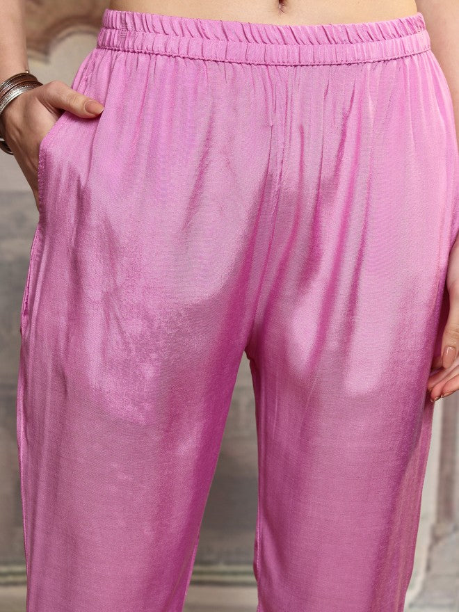 Vishudh Women Pink Embroidered Kurta With Trouser And Dupatta - Pink - Image 8