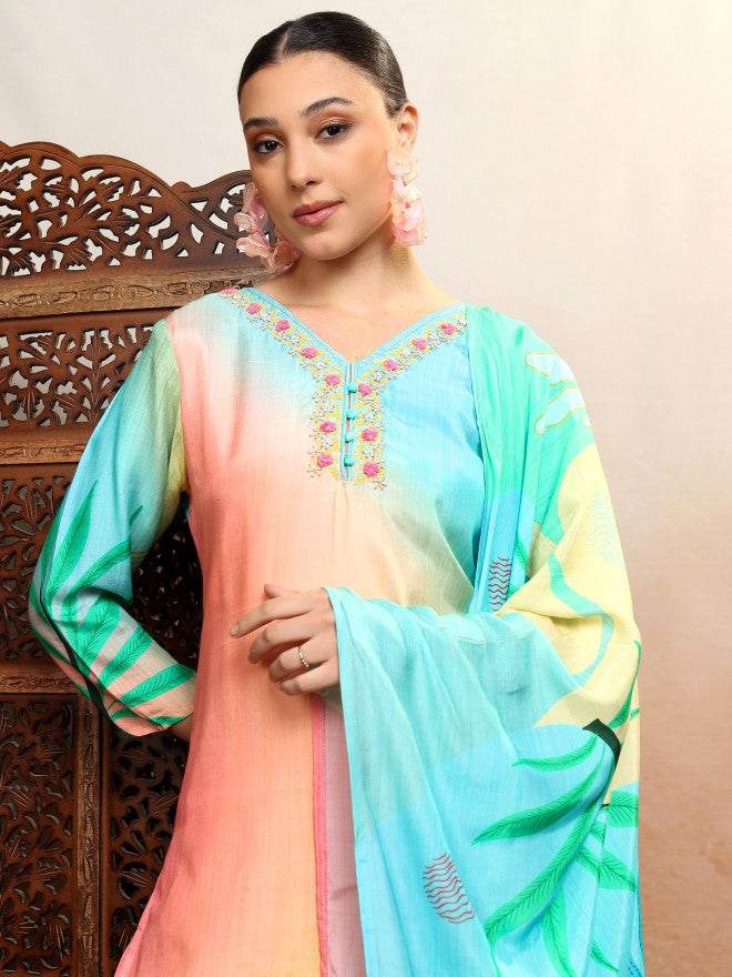 Vishudh Women Multi Embroidered Kurta With Trouser And Dupatta - Multi - Image 1