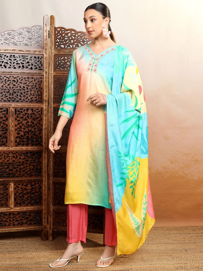 Vishudh Women Multi Embroidered Kurta With Trouser And Dupatta - Multi - Image 2
